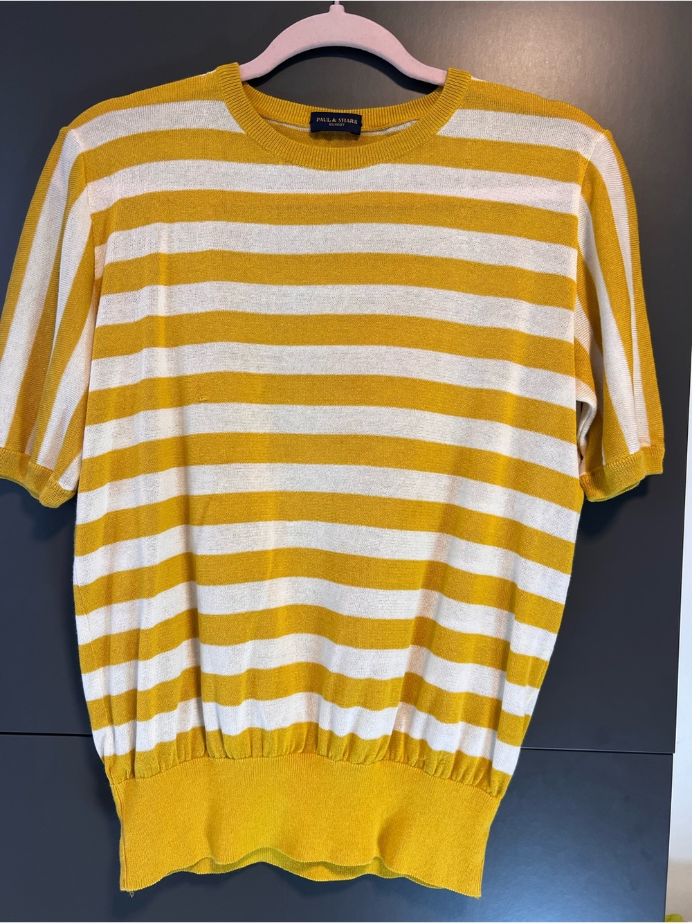 PAUL & SHARK Silkcot Yellow Striped Short Sleeve Silk Cotton Sweater Womens XL